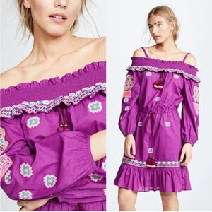 Figue Sofia Dress Orchid Pink Embroidered Off Shoulder Smockef Mini Dress S